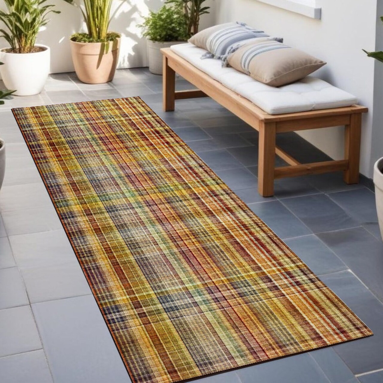 Edge Collections - 8' - Orange - Plaid Indoor-Outdoor Runner Rug for High-Traffic Areas - 1 Piece